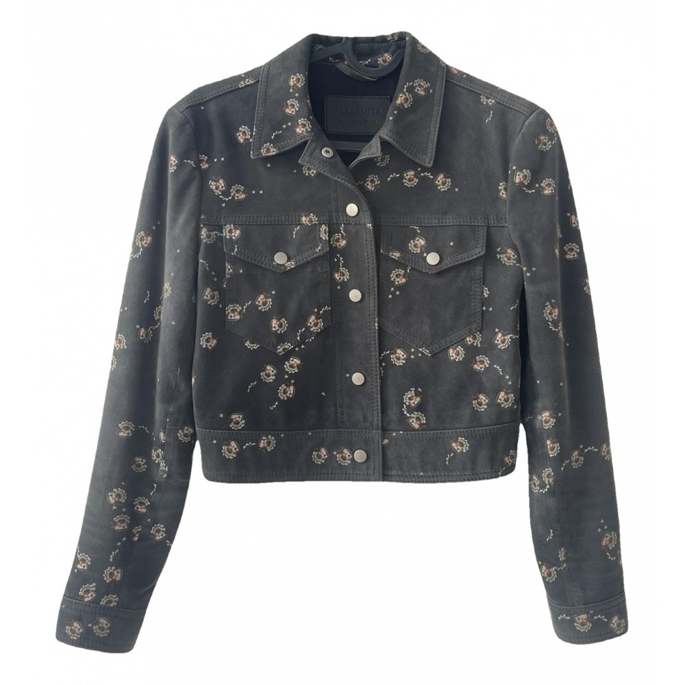 AllSaints Black Floral-Print Leather Jacket